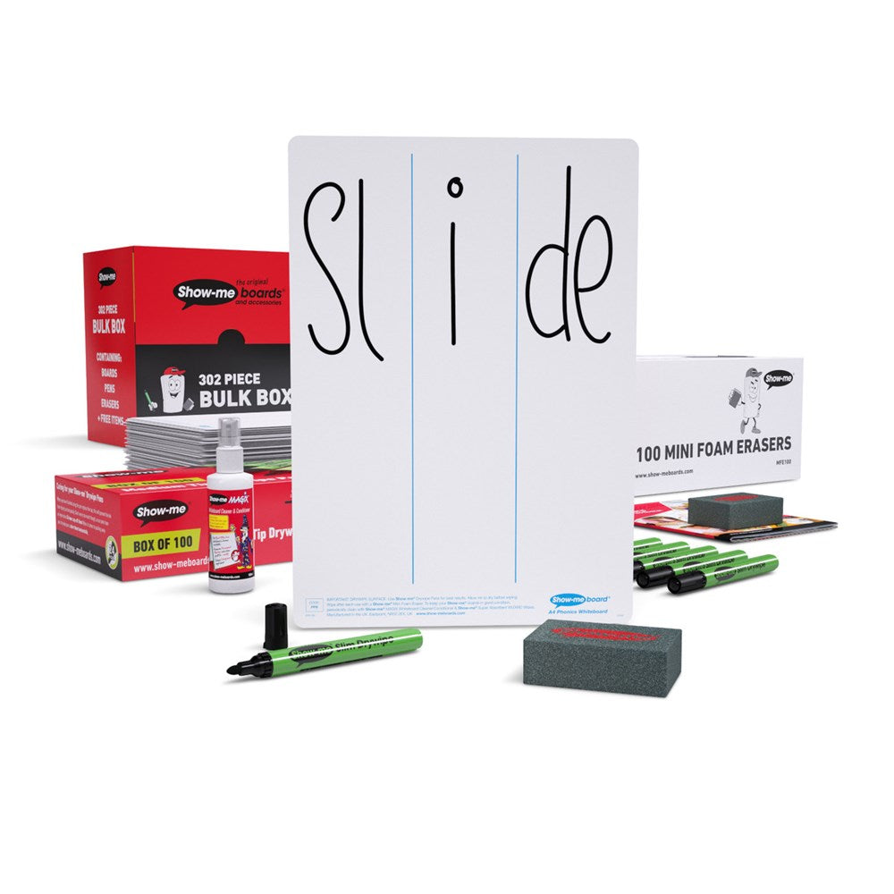 Show-Me Bulk Box Drywipe Board Pack, Pens & Erasers - Phonics Progression, A4 - 100 Sets