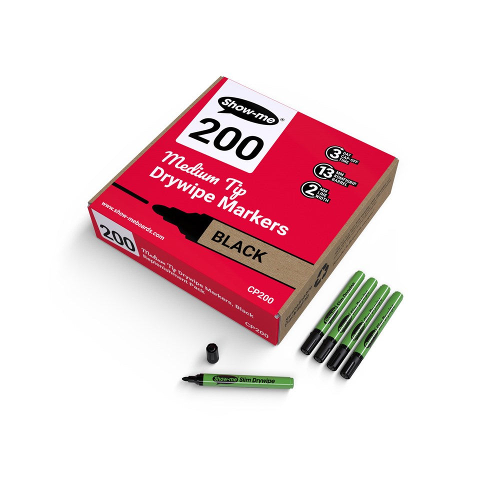 Show-Me Drywipe Pens, Medium Tip (Pack of 200) Black