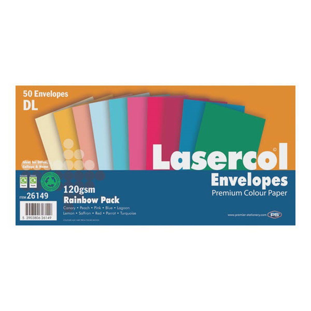Lasercol 120gsm DL Envelopes - Rainbow Pack of 50 - ABC School Supplies