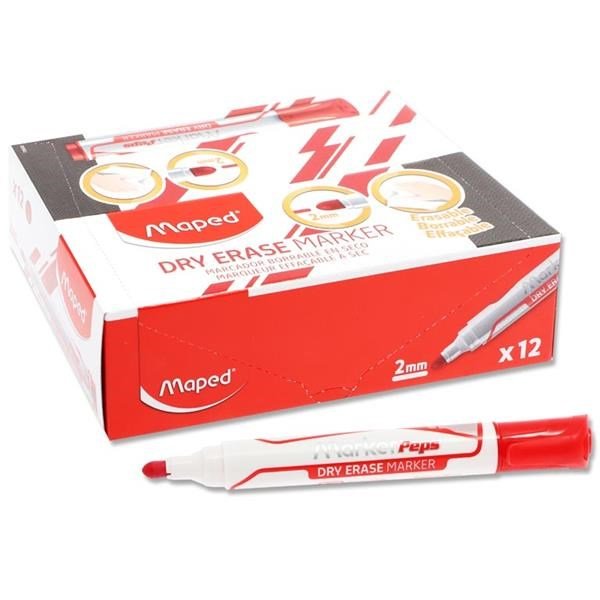 Maped Jumbo Bullet Tip Dry Erase Marker Pack Of 12 - Red - ABC School Supplies