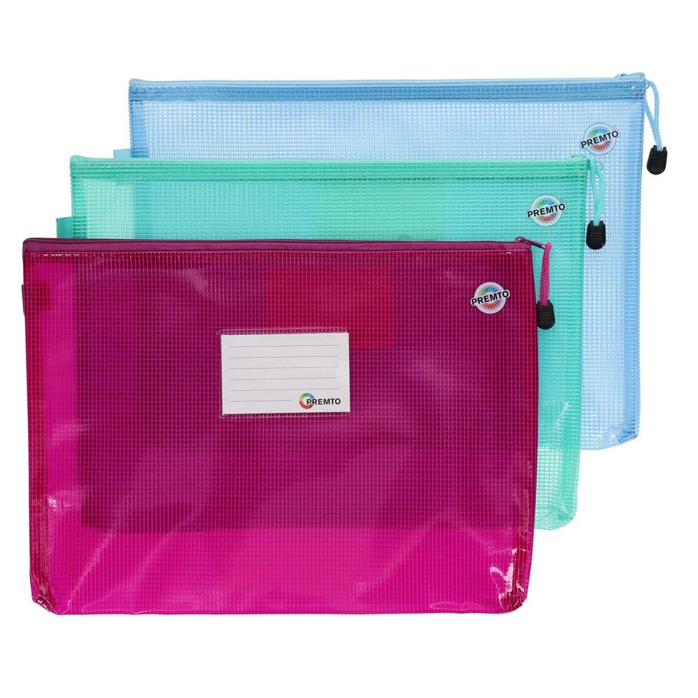 Premto A4+ Extra Durable Mesh Storage Wallet (Pastel Colours) Pack of 3 - ABC School Supplies