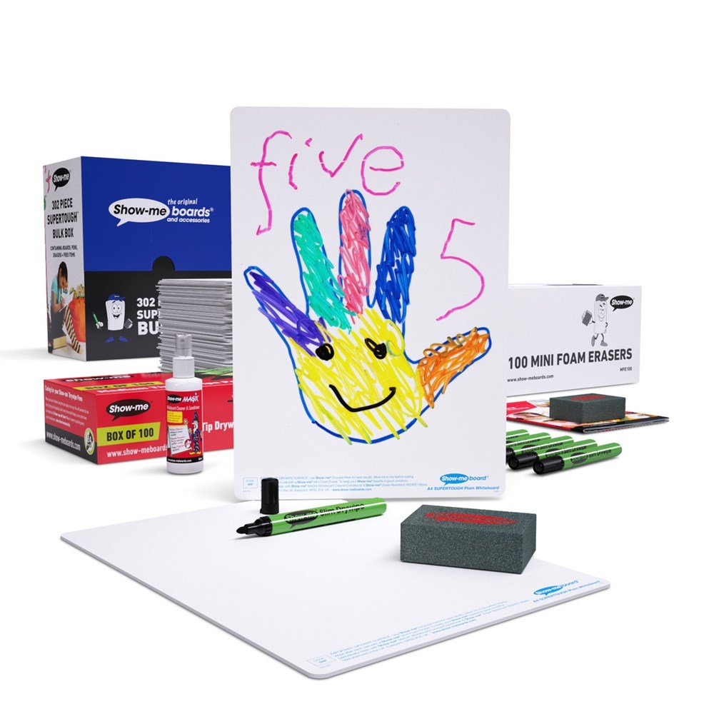 Show - Me Bulk Box Drywipe Board Pack, Pens & Erasers - Plain/Plain, Supertough, A4 - 100 Sets - ABC School Supplies