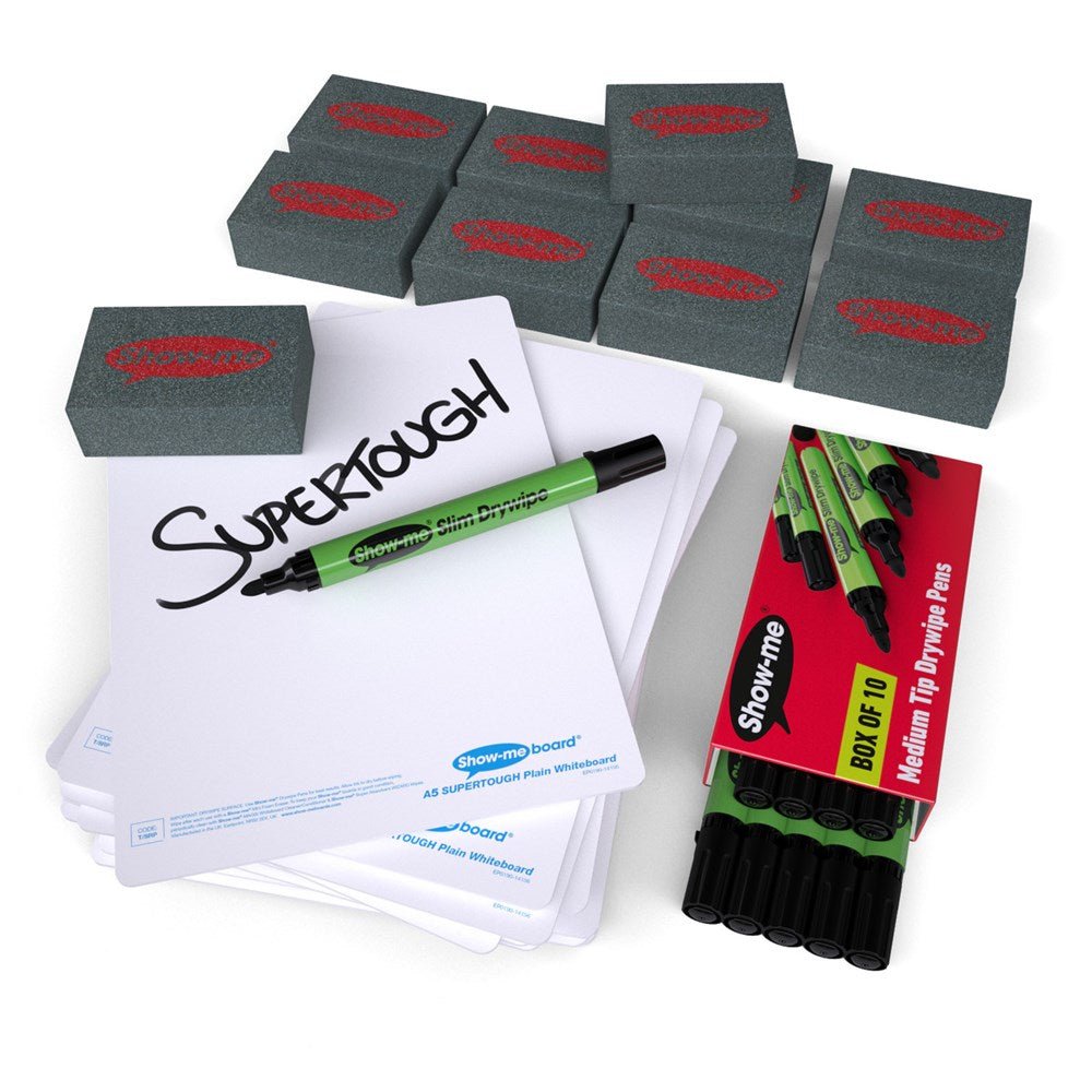 **Show - Me Drywipe Board Pack, Pens - Plain/Plain, Supertough, A5 - ABC School Supplies