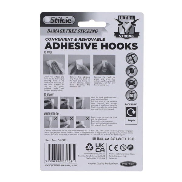 Stik.ie 5 Pack Removable Adhesive Hooks - 18x18mm - ABC School Supplies