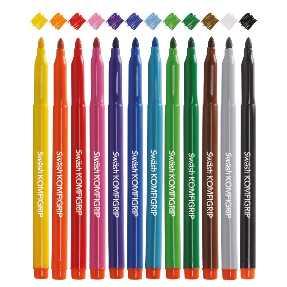 **Swash Colouring Pens Komfigrip Broad Tip - Assorted Pack of 12 - ABC School Supplies
