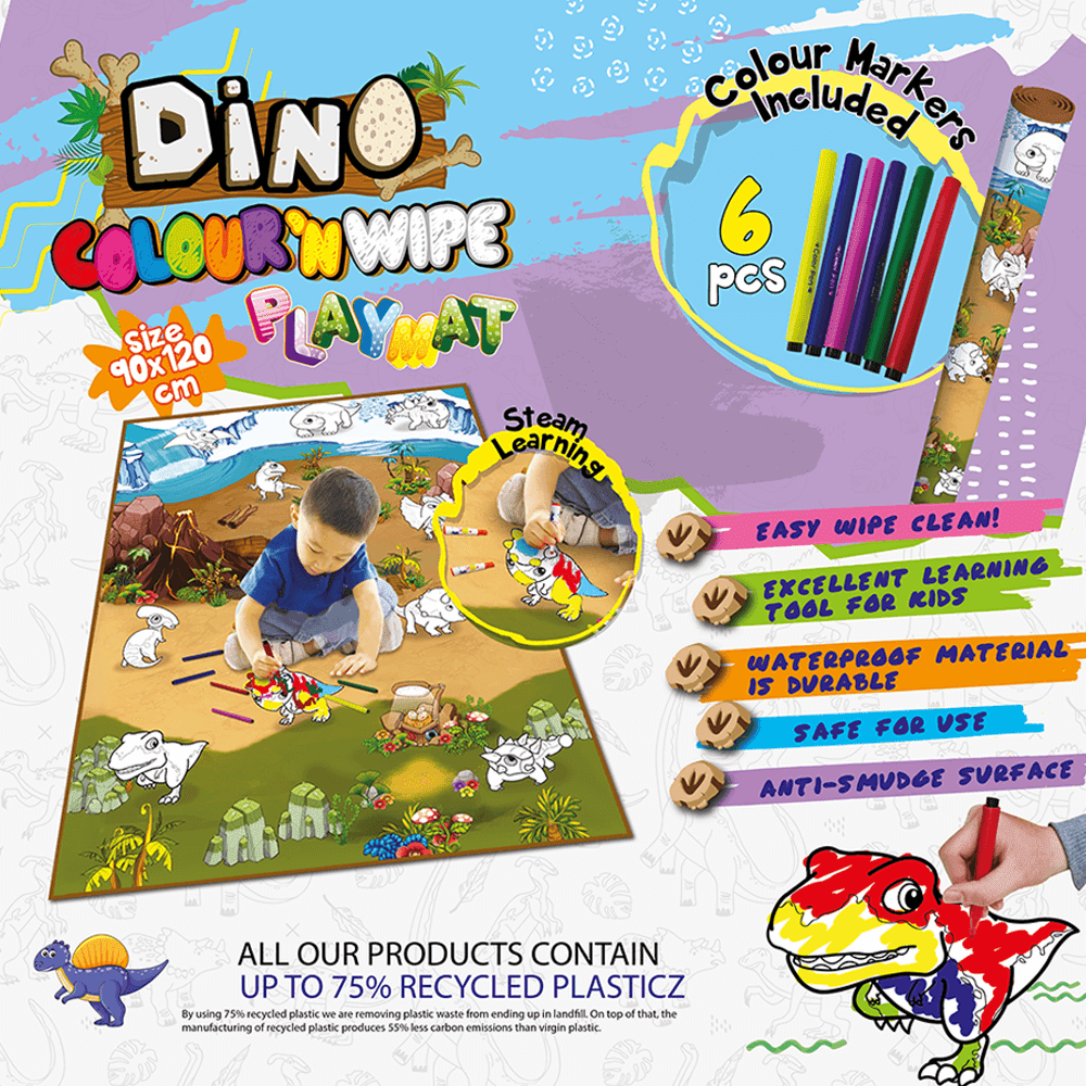 **Xl Colour N Wipe Dinosaur Playmat 200X 120 Cm - ABC School Supplies