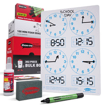 Bulk Box Drywipe Board Pack with Pens and Erasers - Telling the Time 4 Panel, A4 - 100 Sets