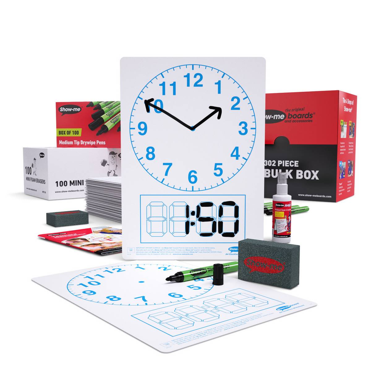 Bulk Box Drywipe Board Pack with Pens and Erasers - Telling the Time, A4 - 100 Sets