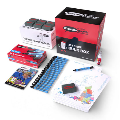 Show-Me Bulk Box Drywipe Board Pack, Pens & Erasers – Map, A4 - 100 Sets