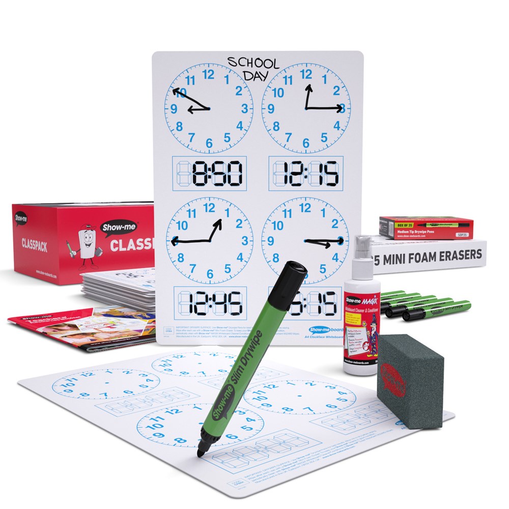Class Pack Drywipe Boards with Pens and Erasers - Telling the Time 4 panel, A4 - 35 sets