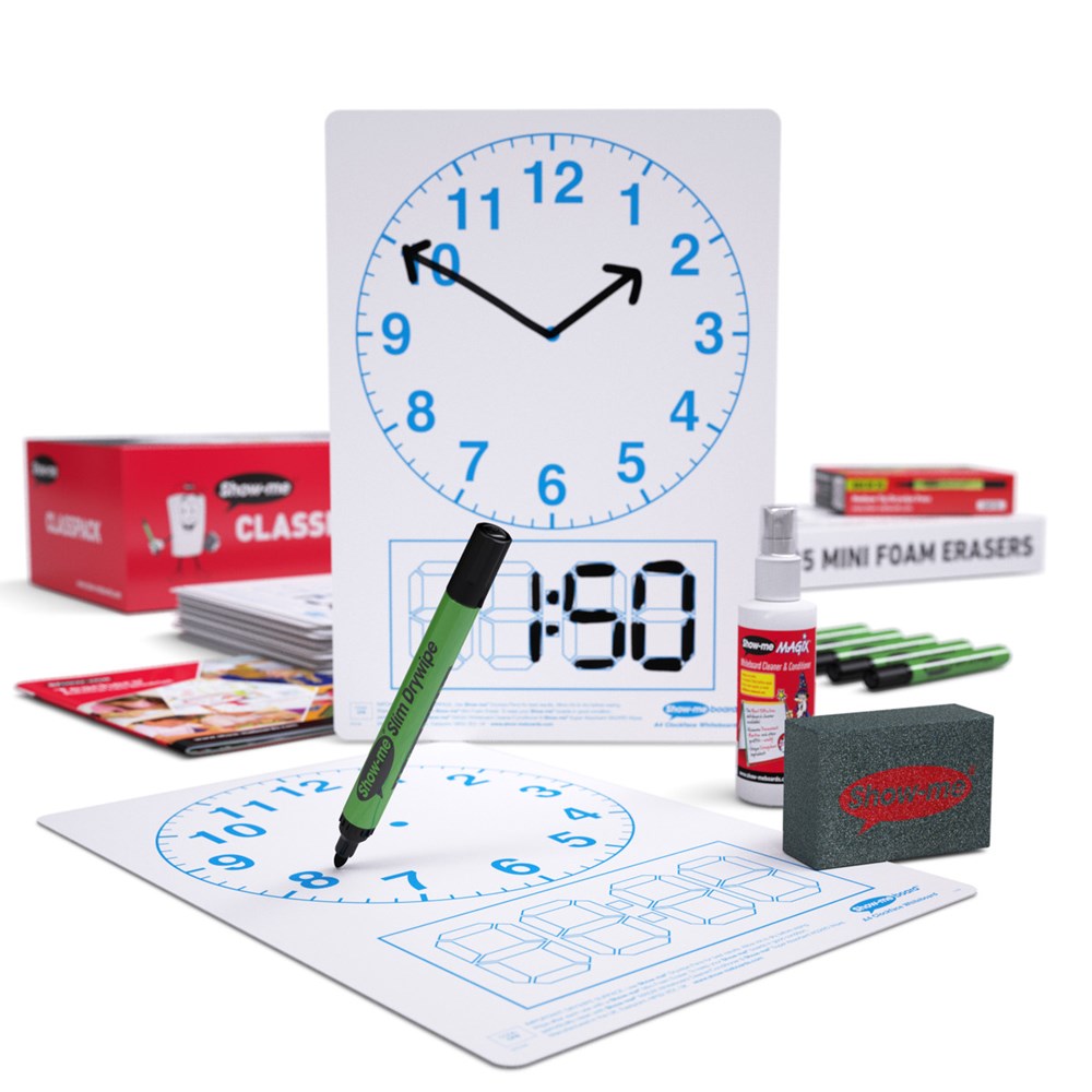 Class Pack Drywipe Boards with Pens and Erasers - Telling the Time, A4 - 35 sets