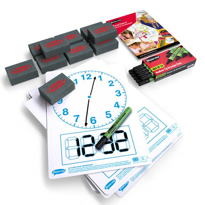 Clock-Face Drywipe Boards, Pens and Erasers (10 of each)
