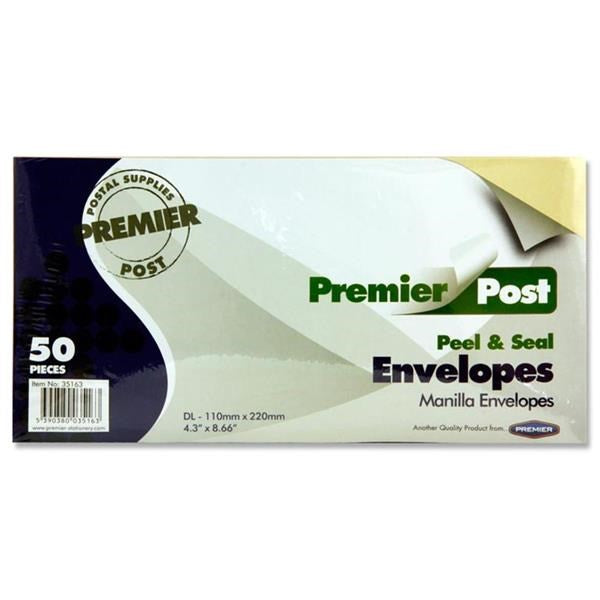 Premail Peel & Seal Dl Envelopes Pack Of 50 - Manilla