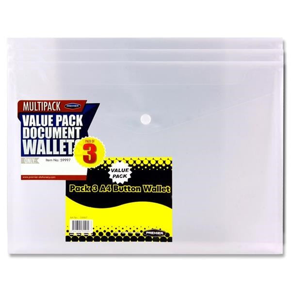 **Premier Pack Of 3 A4 Clear Button Wallets