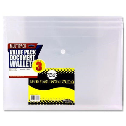 **Premier Pack Of 3 A4 Clear Button Wallets