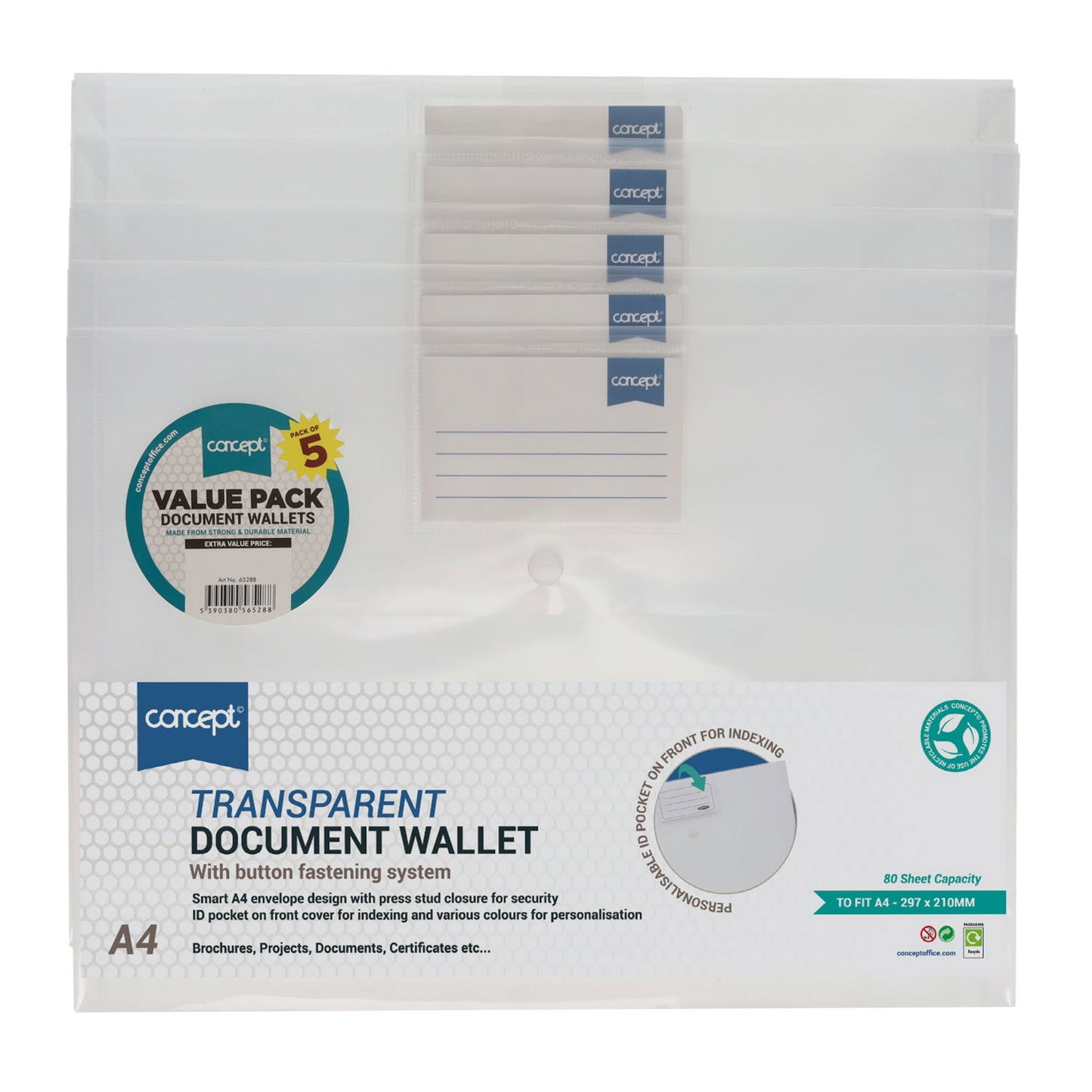 Concept A4 Clear Button Wallets Pack of 5