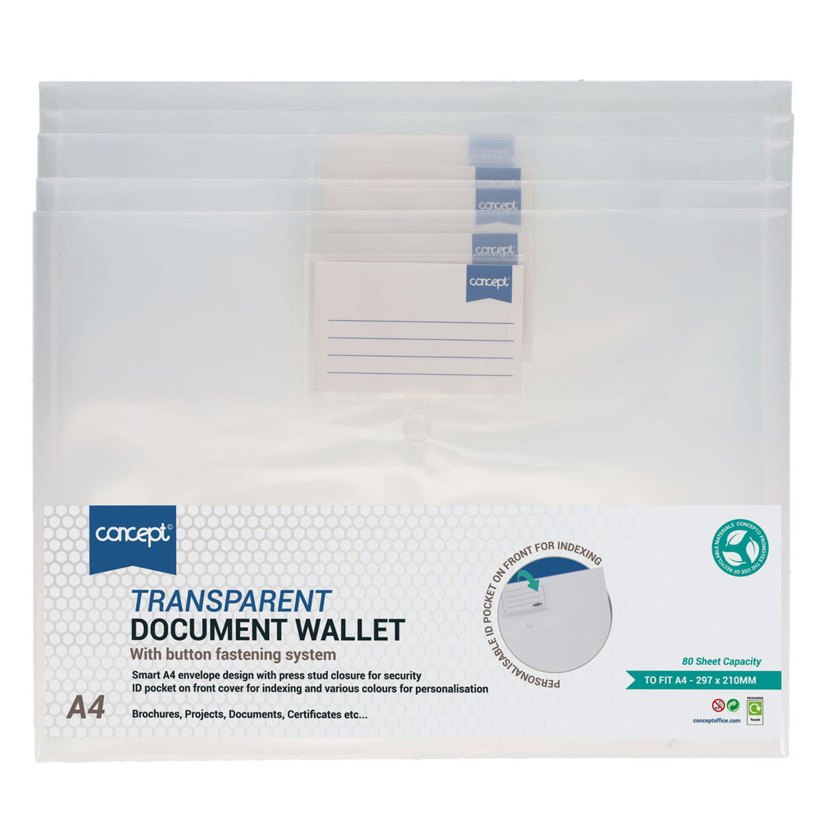 Concept A4 Clear Button Wallets Pack of 5