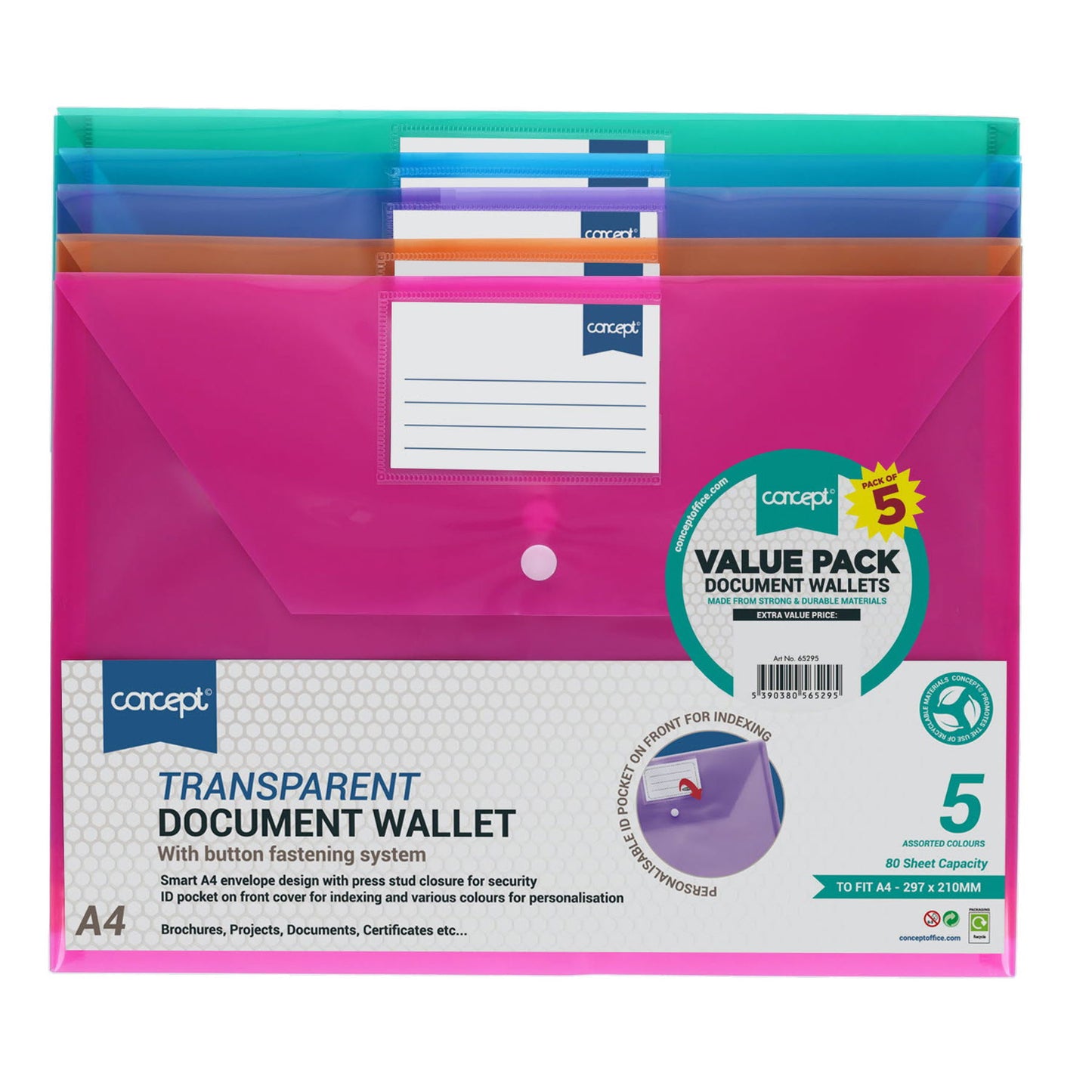 Concept Pack of 5 A4 Clear Coloured Button Wallets