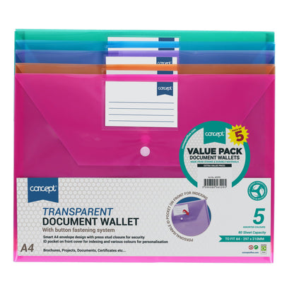 Concept Pack of 5 A4 Clear Coloured Button Wallets