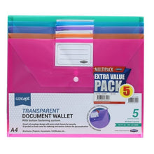 Concept Pack Of 5 A4 Clear Coloured Button Wallets