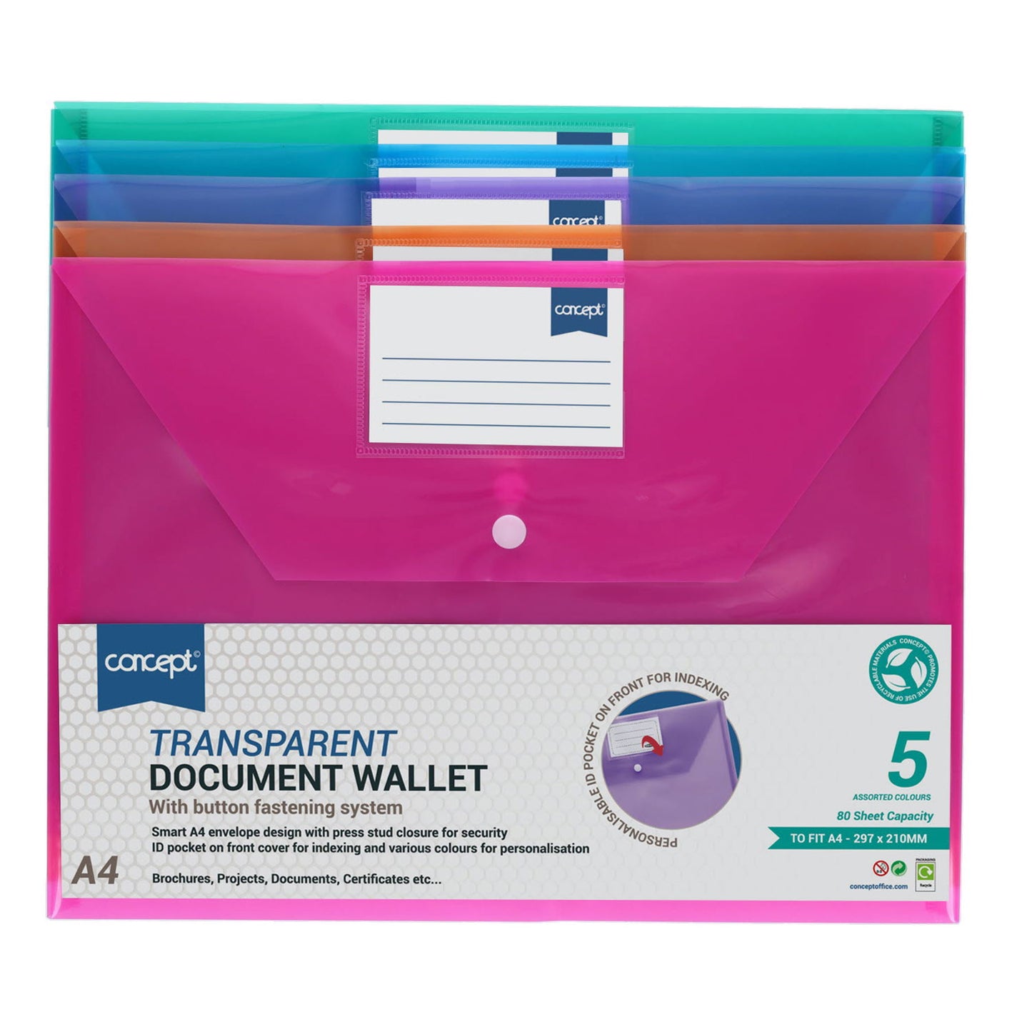 Concept Pack of 5 A4 Clear Coloured Button Wallets