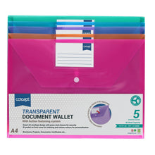Concept Pack of 5 A4 Clear Coloured Button Wallets