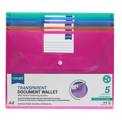 Concept Pack of 5 A4 Clear Coloured Button Wallets
