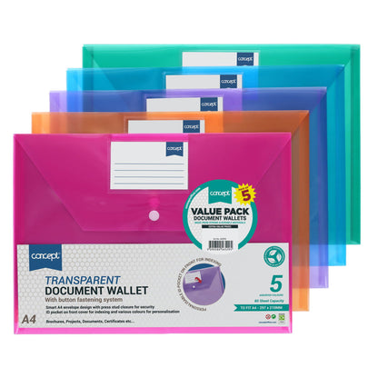 Concept Pack of 5 A4 Clear Coloured Button Wallets