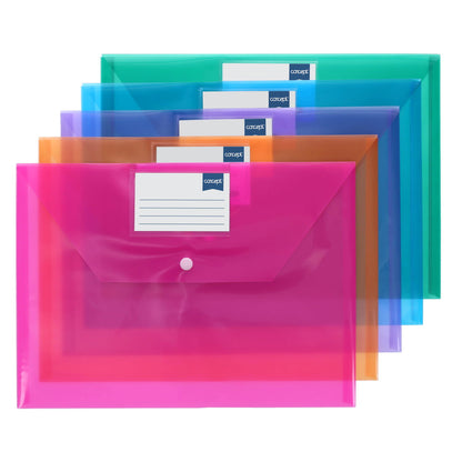 Concept Pack of 5 A4 Clear Coloured Button Wallets