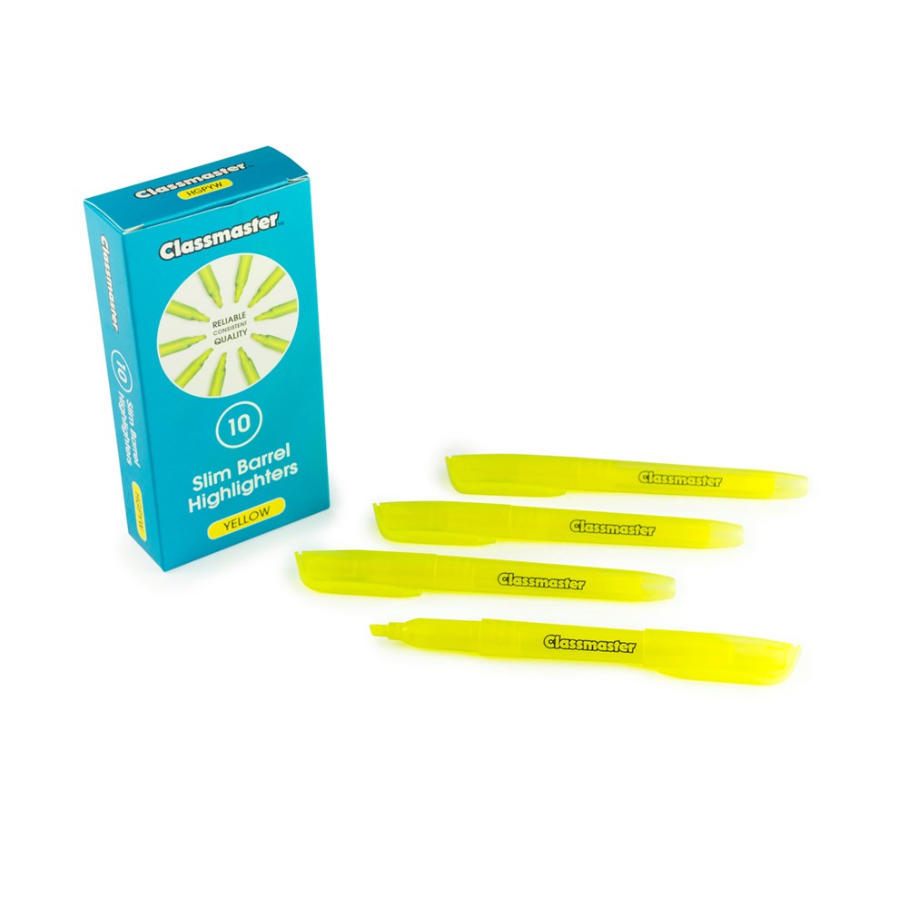 **Classmaster Slim Barrel Highlighters Pack of 10 - Yellow