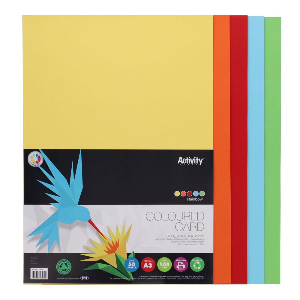 Premier A3 160G Activity Card Rainbow Assorted Colours (Pack Of 50 Sheets)