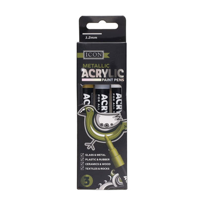 Icon Metallic Acrylic Paint Pens 1.2mm Pack of 3
