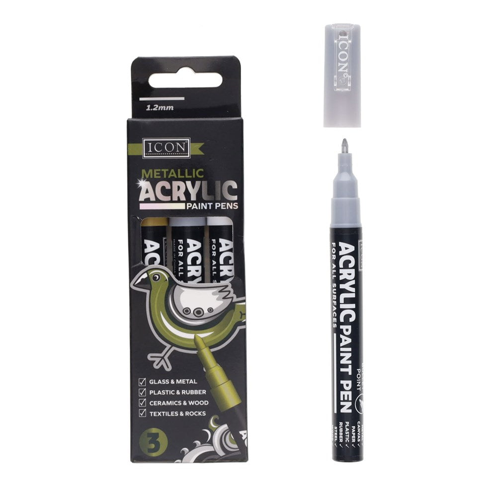 Icon Metallic Acrylic Paint Pens 1.2mm Pack of 3