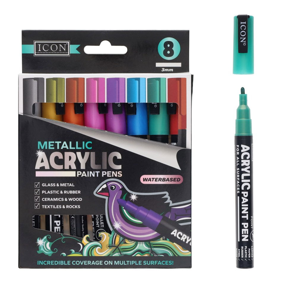 Icon Metallic Acrylic Paint Pens 3mm Pack of 8