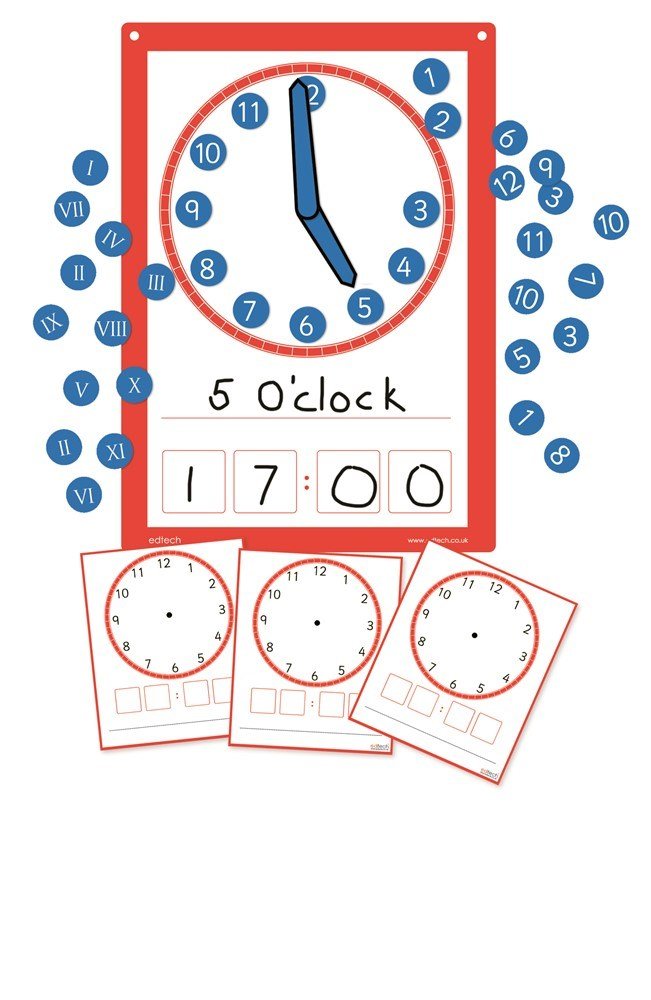 **A3 Magnetic Multiboard Clock & 10 Dry Wipe Clock Faces Class Pack - ABC School Supplies