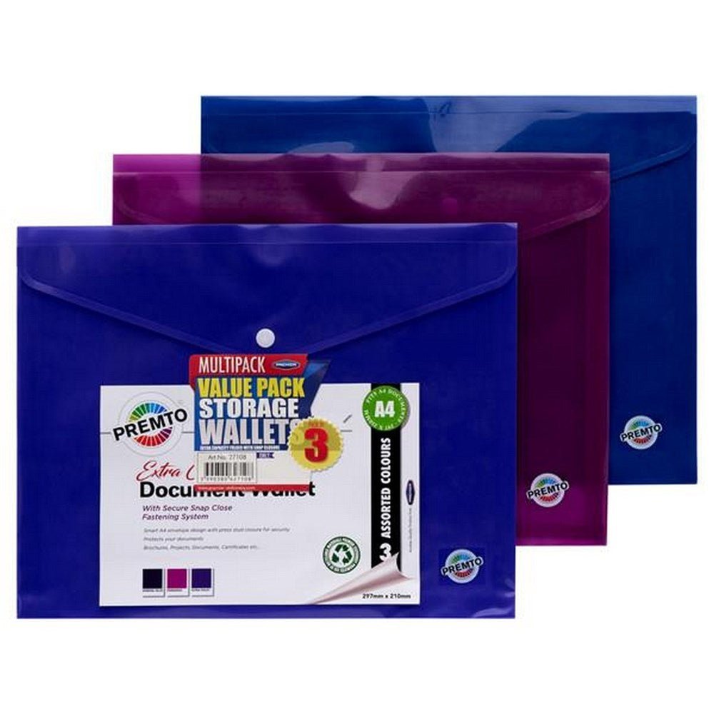 **A4 Extra Capacity Document Wallet S - 2 Pack Of 3 - ABC School Supplies