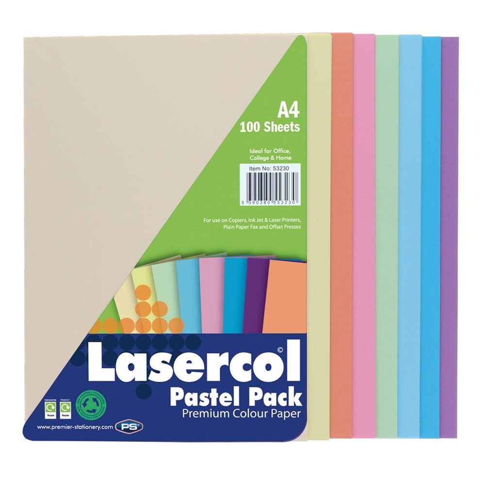 Lasercol A4 Activity Paper Assorted Pastel Colours (Pack Of 100 Sheets)