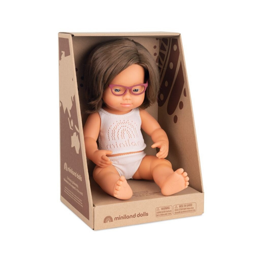 Baby Doll caucasic girl Down Syndr. Glasses 38 cm
