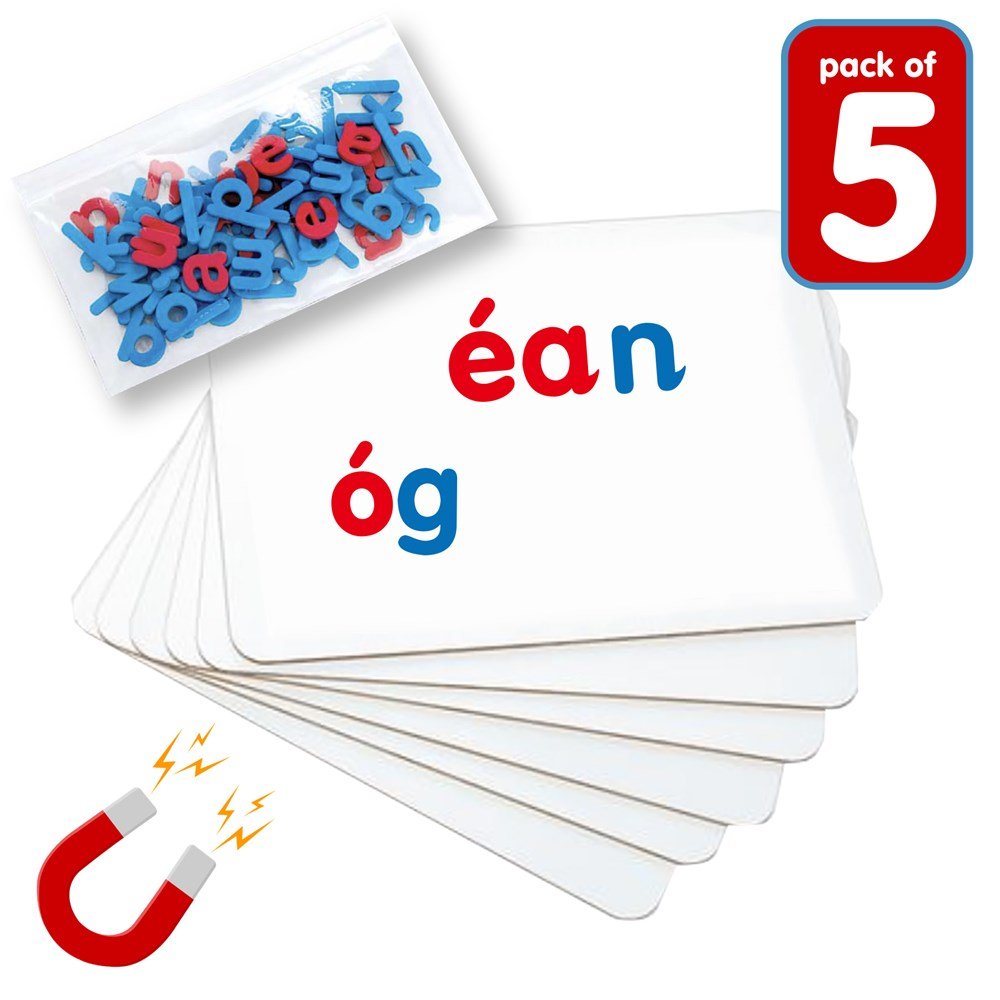 ABC Essentials Magnetic Dry Erase Boards with Colour - Coded Irish Alphabet Magnetic Letters – 5 Student Pack - ABC School Supplies