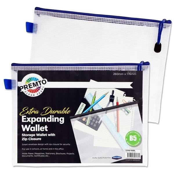 **B5 Extra Durable Expanding Mesh Wallet Clear Pearl - ABC School Supplies