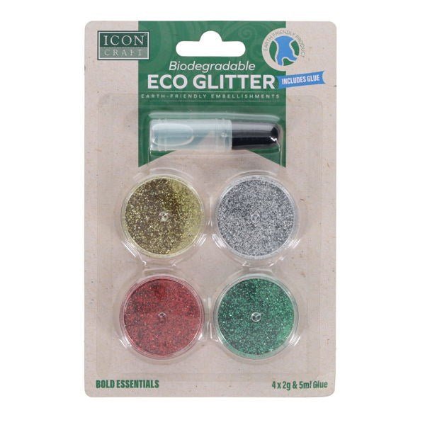 Biodegradable Glitter 2g - 4 Assorted Pack & 5ml Glue - ABC School Supplies