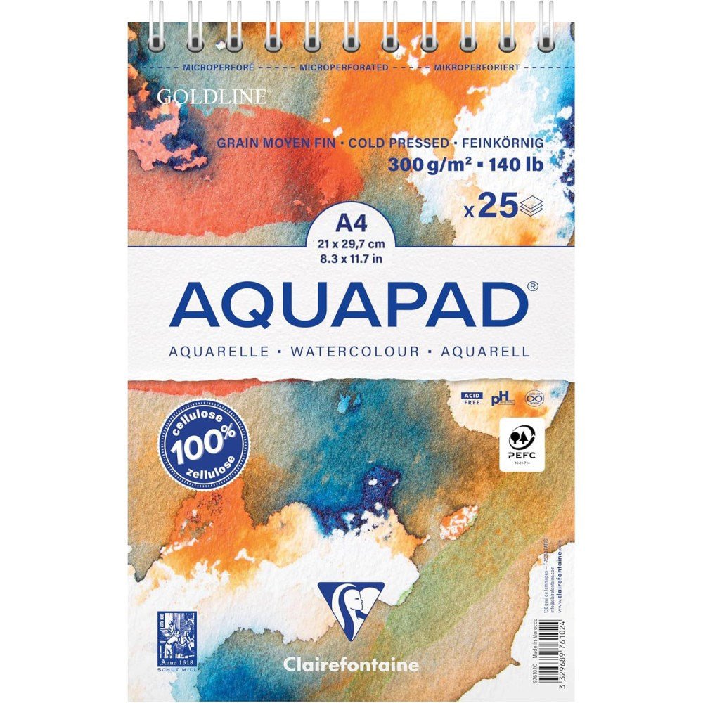 Clairefontaine Spiral Watercolour Aquapad A4, 300 g, 25 sheets - ABC School Supplies