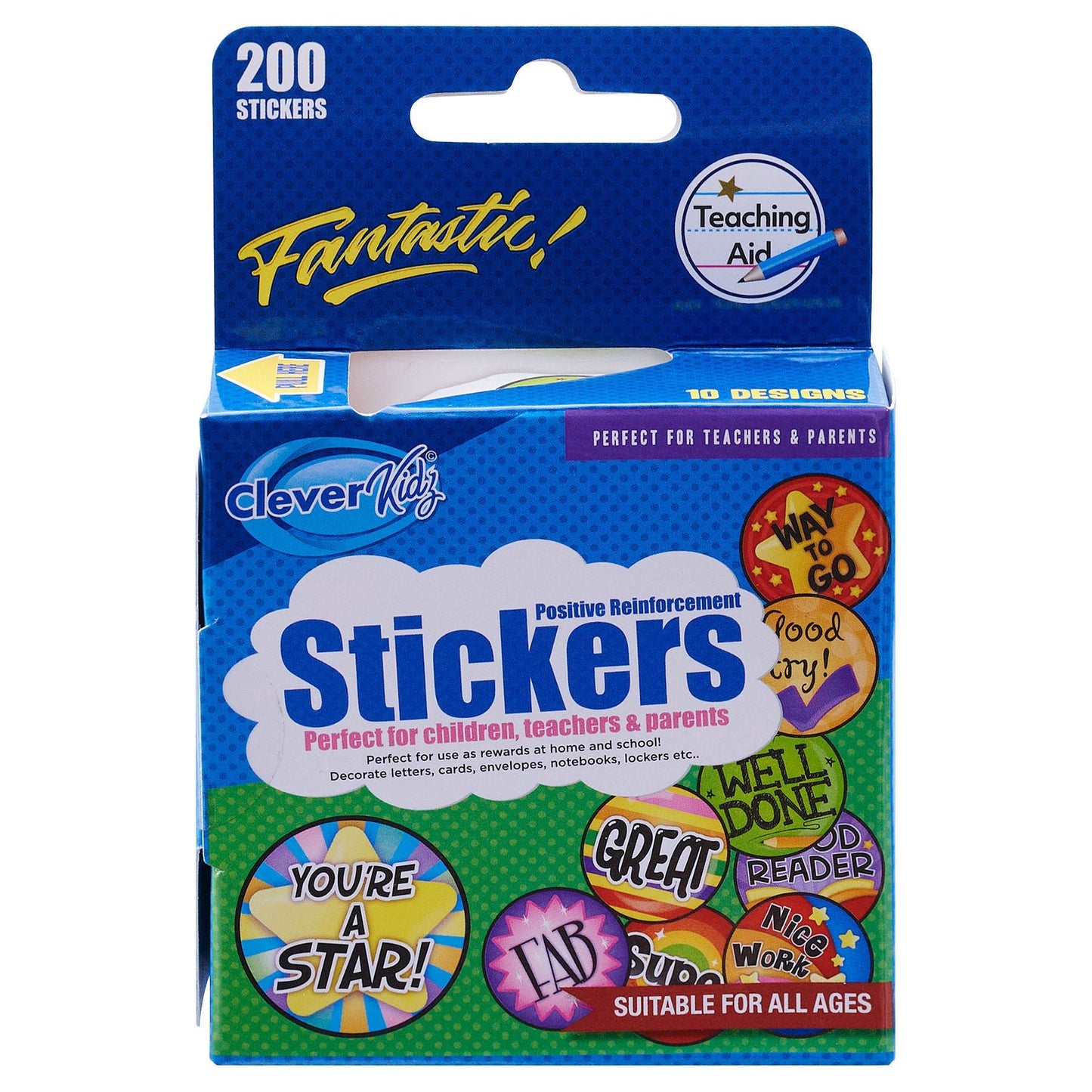 Clever Kidz Reward Stickers Roll Of 200 (10 Designs) - ABC School Supplies