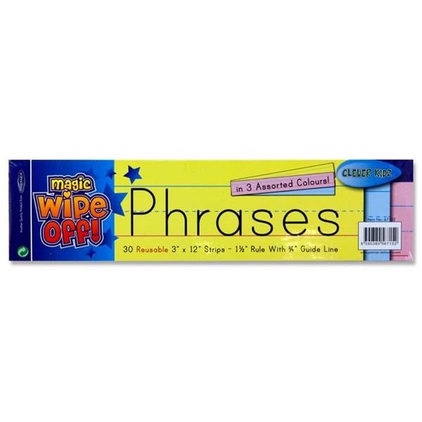 Clever Kidz Wipe-Off Reusable Phrase Strips 3"X12" - Coloured Pack Of 30 - ABC School Supplies