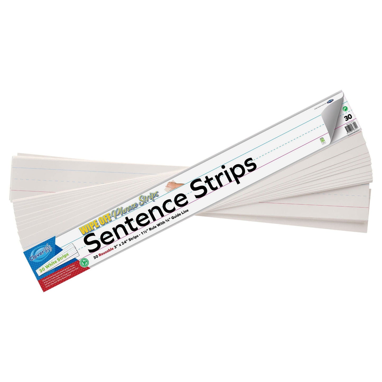 **Clever Kidz Wipe-Off Reusable Sentence Strips 3"x24" - White Pack of 30 - ABC School Supplies