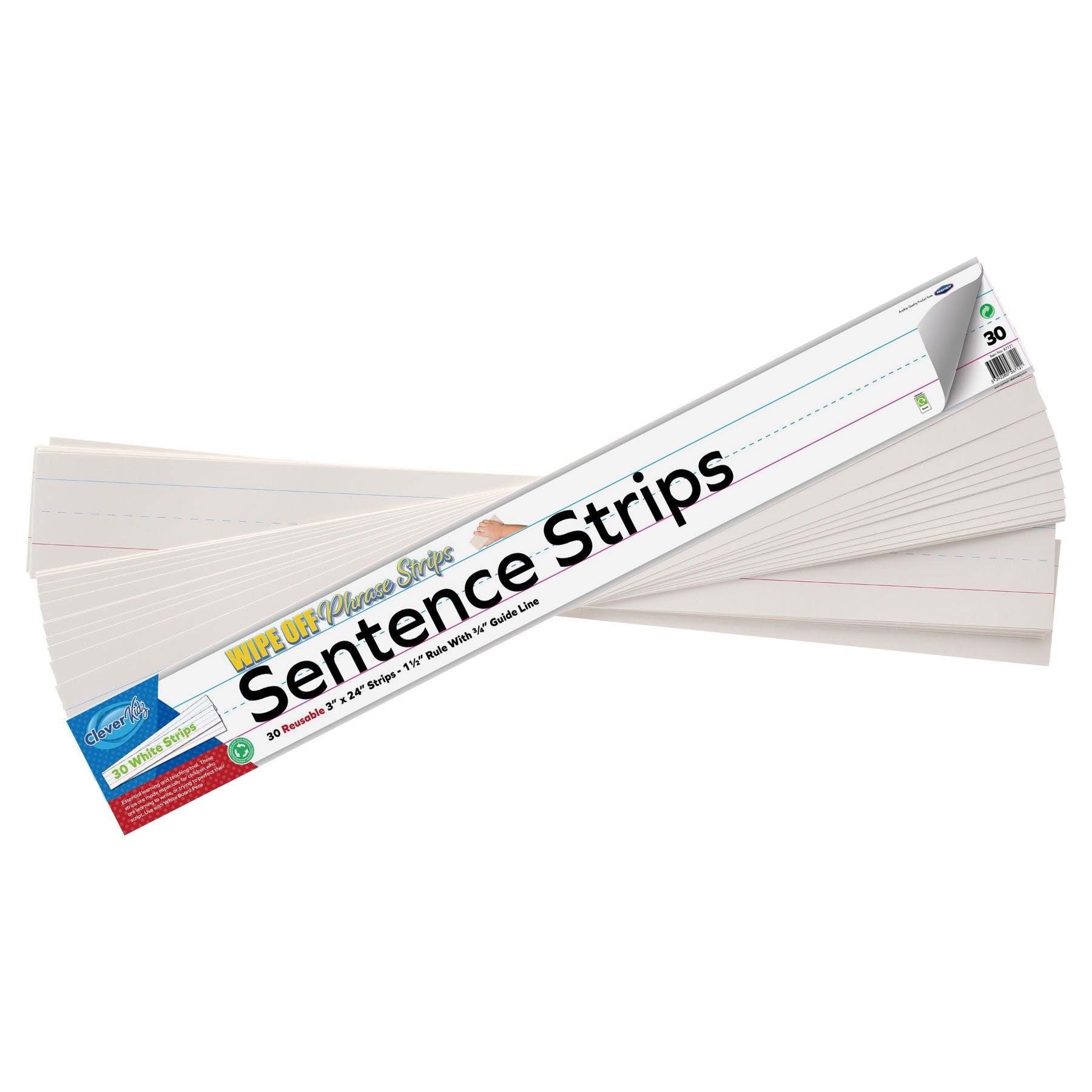 **Clever Kidz Wipe-Off Reusable Sentence Strips 3"x24" - White Pack of 30 - ABC School Supplies