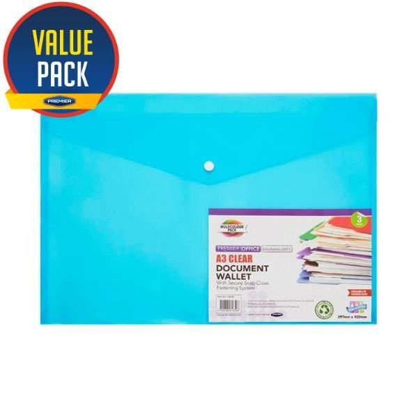 Concept A3 Button Document Wallets - 3 Pack Assorted - ABC School Supplies