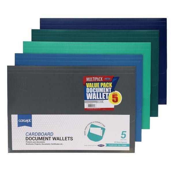 Concept A4 Cardboard Document Wallets Pack Of 5 - ABC School Supplies