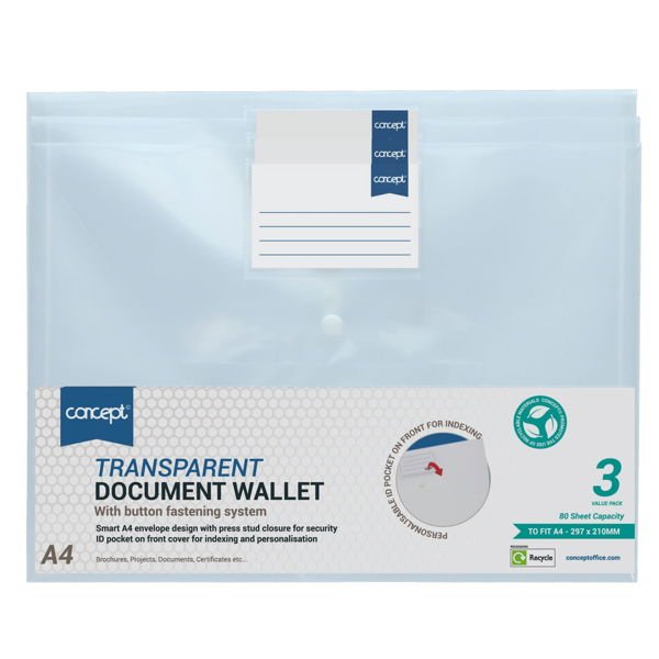 Concept A4 Clear Button Wallets Pack of 3 - ABC School Supplies