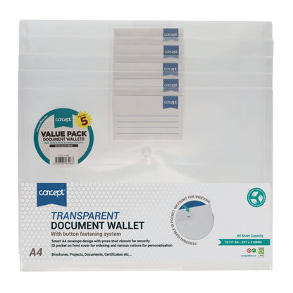 Concept A4 Clear Button Wallets Pack of 5 - ABC School Supplies